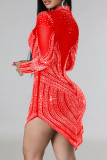 Rote, sexy Patchwork-Hot-Drilling-durchsichtige, asymmetrische, langärmlige Kleider mit halbem Rollkragen