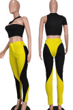 Gelbe Mode Sexy Patchwork ausgehöhlt One-Shoulder-Langarm-Zweiteiler