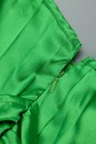 Зеленые повседневные однотонные длинные платья с косым воротником и складками Платья