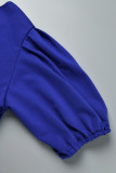 Vestidos casual azul royal com patchwork liso com decote em V e saia enrolada