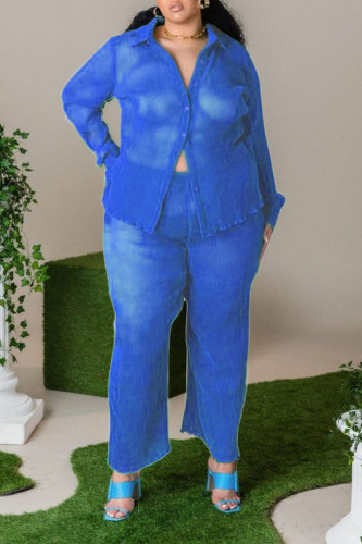 Blue Casual Solid Patchwork Buckle Turndown Collar Plus Size Two Pieces