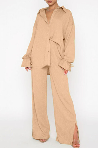Apricot Casual Solid Patchwork Buckle Turndown Collar Long Sleeve Two Pieces