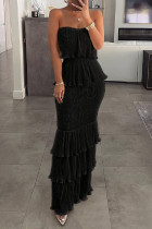 Black Sexy Casual Solid Patchwork Backless Strapless Long Dress Dresses