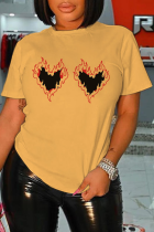Camisetas con cuello en O de patchwork con estampado diario de Street Street amarillo