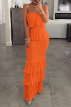 Оранжевые сексуальные повседневные однотонные лоскутные платья без бретелек с открытой спиной и длинными платьями