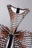 Коричневый сексуальный узкий комбинезон с вырезом в стиле пэчворк и круглым вырезом