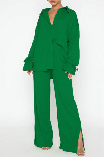 Green Casual Solid Patchwork Buckle Turndown Collar Long Sleeve Two Pieces