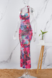 Colore Sexy Print See-through Backless Fold Halter One Step Skirt Abiti