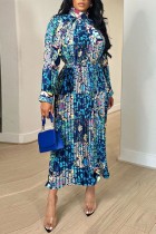 Blauwe casual print patchwork gevouwen coltrui jurken met lange mouwen