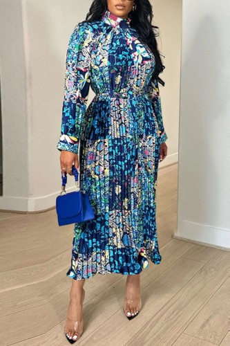 Blue Casual Print Patchwork Fold Turtleneck Long Sleeve Dresses