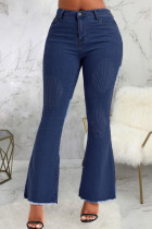 Blue Casual Solid Patchwork High Waist Flare Leg Denim Jeans