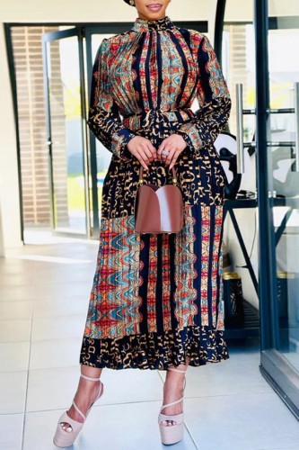 Black Casual Print Patchwork Fold Turtleneck Long Sleeve Dresses