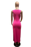 Fuchsia Casual Solid Patchwork Pocket Slit O Neck One Step Jupe Robes
