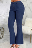 Blue Casual Solid Patchwork High Waist Flare Leg Denim Jeans