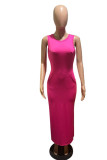 Fuchsia Casual Solid Patchwork Pocket Slit O Neck One Step Jupe Robes