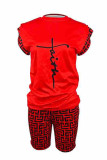 Rose Red Casual Letter Print Basic O Neck Short Sleeve Two Pieces T-shirt Tops And Short Set