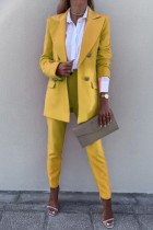 Cardigan solido casual giallo pantaloni colletto rovesciato manica lunga due pezzi