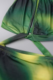 Bandagem com estampa sexy verde vazada nas costas sem decote em O e sem mangas