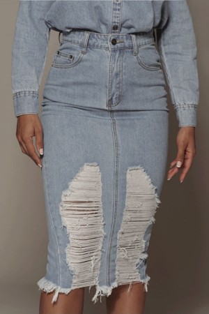 Blue Casual Solid High Waist Distressed Skinny Ripped Denim Midi Skirts