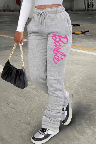 Grey Casual Print Letter Straight Bottoms