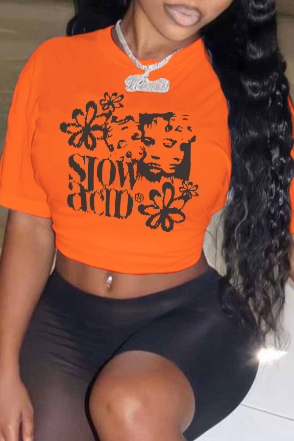 Orange lässige Patchwork-T-Shirts mit O-Ausschnitt und Vintage-Print