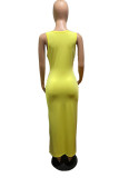 Yellow Casual Solid Patchwork Pocket Slit O Neck One Step Skirt Dresses