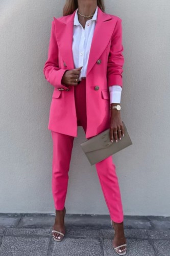 Rose Red Casual Solid Cardigan Pants Turn-back Collar Long Sleeve Two Pieces
