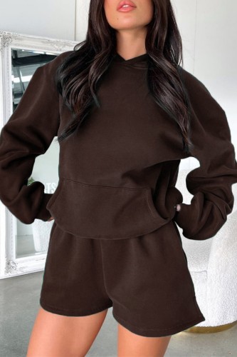 Coffee Casual Solid Basic Hooded Collar Long Sleeve Two Pieces