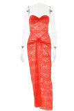 Tangerine Röd Sexig Solid Lace Patchwork Genomskinlig rygglös axelbandslös inslagna kjolklänningar