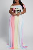 Paarse casual letter gestreepte print patchwork off-shoulder lange jurk Grote maten jurken