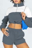 Blue Casual Patchwork Contrast Mandarin Collar Long Sleeve Two Pieces