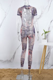 Lila Sexig Casual Print Genomskinlig rygglös Half A Turtleneck Skinny Jumpsuits
