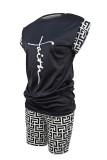 Black Casual Letter Print Basic O Neck Short Sleeve Two Pieces T-shirt Tops And Short Set