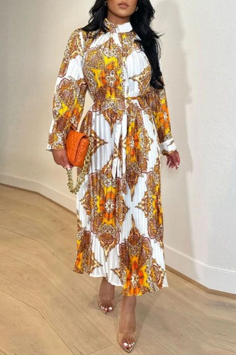 Yellow Casual Print Patchwork Fold Turtleneck Long Sleeve Dresses