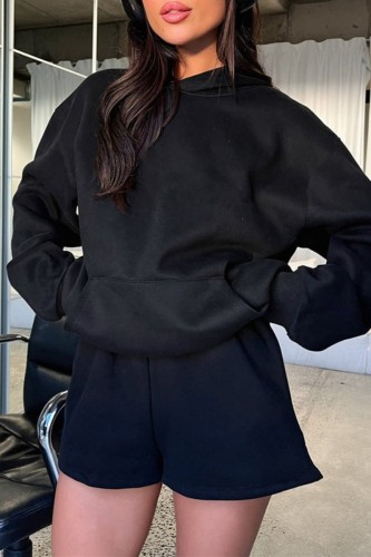Black Casual Solid Basic Hooded Collar Long Sleeve Two Pieces