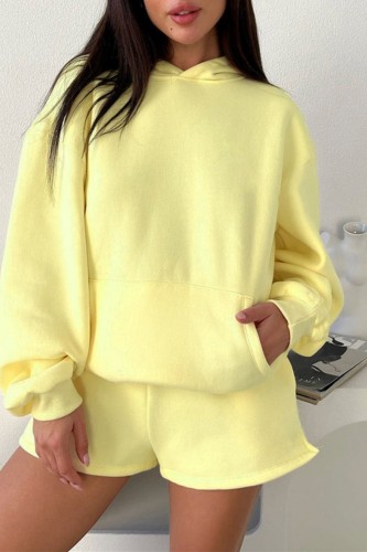 Yellow Casual Solid Basic Hooded Collar Long Sleeve Two Pieces