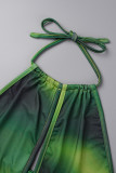 Bandage imprimé sexy vert évidé robes de robe sans manches dos nu O cou