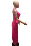 Розовые повседневные однотонные платья-юбки в стиле пэчворк с разрезом и круглым вырезом
