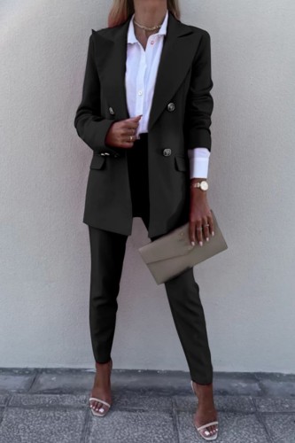 Black Casual Solid Cardigan Pants Turn-back Collar Long Sleeve Two Pieces