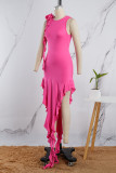 Розово-красное сексуальное повседневное однотонное платье в стиле пэчворк с круглым вырезом
