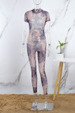 Lila Sexig Casual Print Genomskinlig rygglös Half A Turtleneck Skinny Jumpsuits