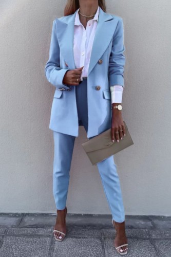 Sky Blue Casual Solid Cardigan Pants Turn-back Collar Long Sleeve Two Pieces