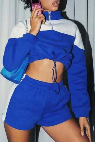 Blue Casual Patchwork Contrast Mandarin Collar Long Sleeve Two Pieces