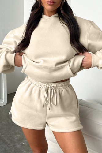 Apricot Casual Solid Basic Hooded Collar Long Sleeve Two Pieces