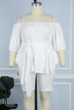 White Plus Size Casual Simplicity Solid With Belt Solid Color Off the Shoulder Plus Size Two Pieces