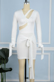 Кремово-белые повседневные однотонные платья с вырезом на спине и V-образным вырезом с длинным рукавом