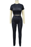 Black Sportswear Solid Patchwork O Neck Short Sleeve Two Pieces Crop Tops And Pants Sets