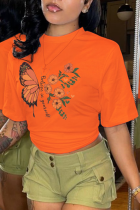 T-shirt con scollo a O patchwork con stampa a farfalla arancione Street Daily