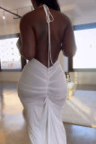 Blanco Sexy Celebridades Elegante Simplicidad Doble Color Sólido Vestidos De Cuello Asimétrico