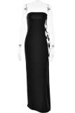 Negro sexy sólido patchwork alta apertura con lazo vestido irregular sin tirantes Vestidos